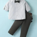 Mark & Mia Cotton Woven Full Sleeves Striped Shirt & Trouser With Bow & Suspender - White