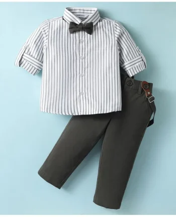 Mark & Mia Cotton Woven Full Sleeves Striped Shirt & Trouser With Bow & Suspender - White