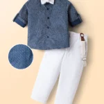 Mark & Mia Cotton Woven Full Sleeves Printed Shirt & Trouser With Bow & Suspender - Blue & White