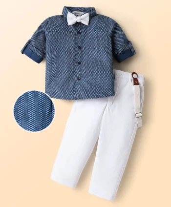 Mark & Mia Cotton Woven Full Sleeves Printed Shirt & Trouser With Bow & Suspender - Blue & White
