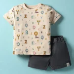 Ollypop Interlock Knit Half Sleeves T-Shirt and Shorts Set With Animal Print - Cream & Dark Grey