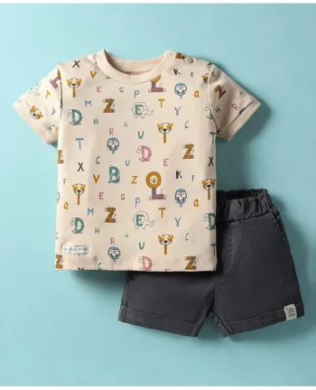 Ollypop Interlock Knit Half Sleeves T-Shirt and Shorts Set With Animal Print - Cream & Dark Grey