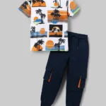 OLLINGTON ST. Ollington St. Cotton Knit Half Sleeves Printed T-Shirt & Knit Joggers Set - White & Navy Blue