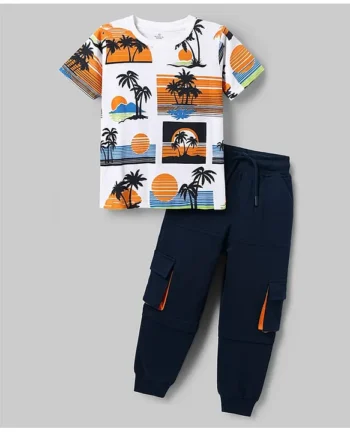 OLLINGTON ST. Ollington St. Cotton Knit Half Sleeves Printed T-Shirt & Knit Joggers Set - White & Navy Blue