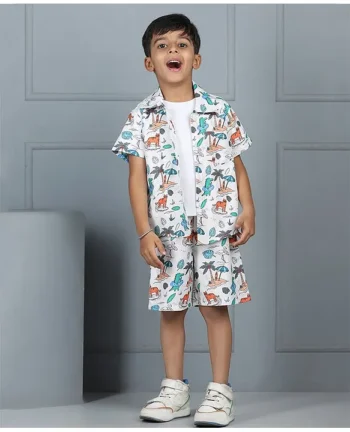 Aww Hunnie 100% Cotton Knit Half Sleeves Beach Theme Printed Shirt & Coordinating Shorts With Tee Set - White