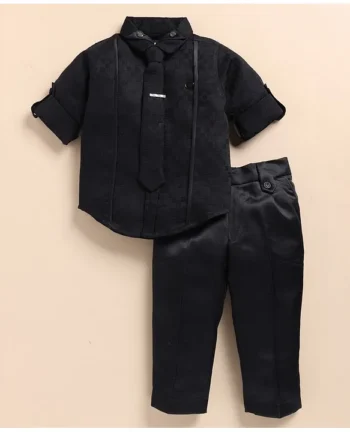 LITTLE COLLARS Blended Full Sleeves Checked Shirt & Trouser With Tie Set - Black