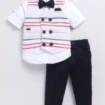 LITTLE COLLARS Jacquard Full Sleeves Striped 3 Piece Party Suit With Bow Set - White