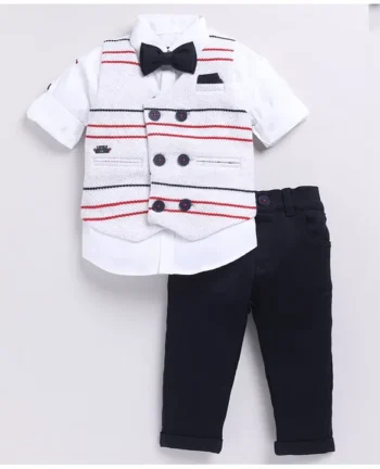 LITTLE COLLARS Jacquard Full Sleeves Striped 3 Piece Party Suit With Bow Set - White