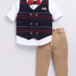 LITTLE COLLARS Jacquard Full Sleeves Striped 3 Piece Party Suit With Bow Set - Navy Blue