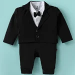 Mini Taurus Interlock Knit Full Sleeves Solid Color Party Romper with Blazer - Black