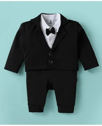 Mini Taurus Interlock Knit Full Sleeves Solid Color Party Romper with Blazer - Black