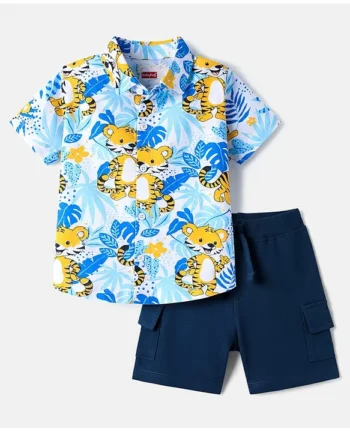 Babyhug Single Jersey Knit Half Sleeves Shirt & Shorts Set with Tiger Print - Navy Blue & Light Blue