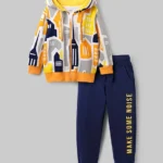 OLLINGTON ST. Cotton Knit Full Sleeves Text Printed Hoodie Sweatshirt & Knit Joggers - Multicolor & Navy Blue