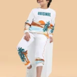 OLLINGTON ST. Cotton Knit Co-Ord Set Full Sleeves Beach Theme Printed Sweatshirt & Knit Joggers - White