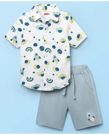 Babyhug Interlock Knit Half Sleeves Shirts & Shorts Set With Space Theme Print - White & Grey