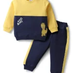 Mark & Mia Terry Knit Full Sleeves Winter Wear T-Shirt & Lounge Pant Set With Dino Patch - Yellow & Navy Blue
