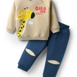Mark & Mia Terry Knit Full Raglan Sleeves T-Shirt & Bottom Set With Text & Giraffe Print - Cream & Blue