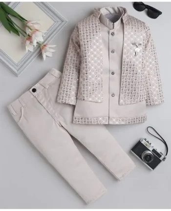 Fourfolds Swirl Embroidered & Sequins Embellished Kurta & Trousers With Full Sleeves Jacket - Beige