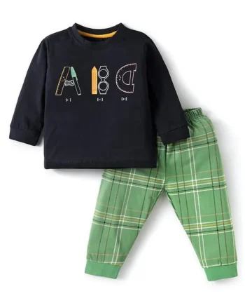 Zero Sinker Knit Full Sleeves T-Shirt & Lounge Pant Set With ABC Print - Navy Blue & Green