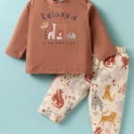 Zero Sinker Knit Full Sleeves T-Shirt & Lounge Pant Set With Animal Print - Brown