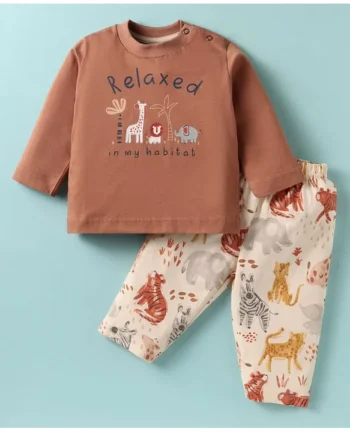 Zero Sinker Knit Full Sleeves T-Shirt & Lounge Pant Set With Animal Print - Brown