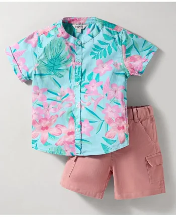 ToffyHouse Cotton Knit Half Sleeves Shirt & Shorts Set with Floral Print - Aqua Blue