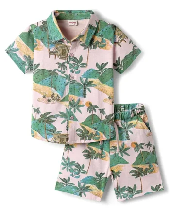 Babyhug Single Jersey Knit Half Sleeves Co-ords Shirt & Shorts Set With Tropical Theme Print - Multicolour