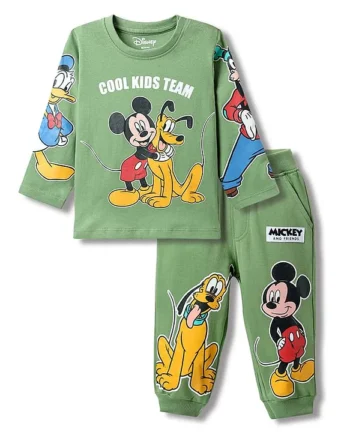 Babyhug Disney Single Jersey Knit Full Sleeve T-Shirt And Joggers With Mickey & Friends Graphics - Olive Green