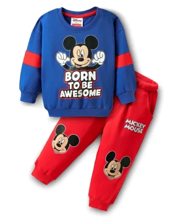 Babyhug Disney Terry Knit Full Sleeves Drop Shoulder Cut T-Shirt & Lounge Pant Set With Mickey Mouse Graphics - Royal Blue & Red