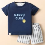 First Smile Interlock Knit Half Sleeves T-Shirt & Striped Shorts Set With Happy Club Print - Navy Blue