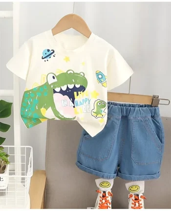 Googo Gaaga Cotton Half Sleeves Dinosaurs Printed Tee & Shorts Set - Cream