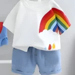 Googo Gaaga Cotton Half Sleeves Rainbow Printed Tee & Shorts Set - White
