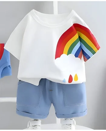 Googo Gaaga Cotton Half Sleeves Rainbow Printed Tee & Shorts Set - White