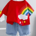 Googo Gaaga Cotton Half Sleeves Rainbow Printed Tee & Shorts Set - Red