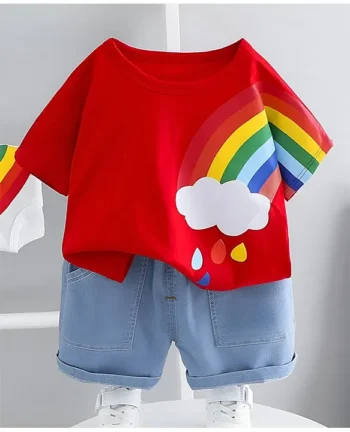 Googo Gaaga Cotton Half Sleeves Rainbow Printed Tee & Shorts Set - Red