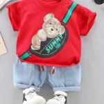 Googo Gaaga Cotton Half Sleeves Teddy Bear & Sling Bag Printed Tee & Shorts Set - Red