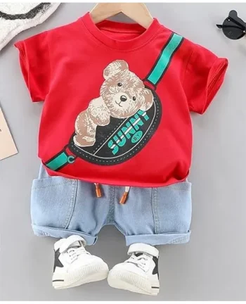Googo Gaaga Cotton Half Sleeves Teddy Bear & Sling Bag Printed Tee & Shorts Set - Red