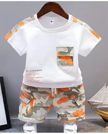 Googo Gaaga Cotton Half Sleeves Typography & Camouflage Printed Coordinating Tee & Shorts Set - White