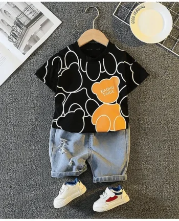 Googo Gaaga Cotton Half Sleeves Teddy Bears Printed Tee & Distressed Shorts Set - Black