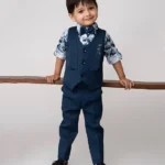 LITTLE COLLARS Blended Full Sleeves Floral Printed 3 Piece Party Suit Set With Bow & Brooches - Blue