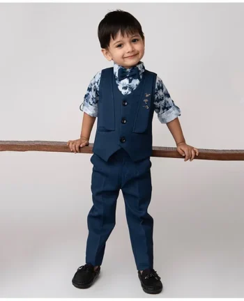 LITTLE COLLARS Blended Full Sleeves Floral Printed 3 Piece Party Suit Set With Bow & Brooches - Blue