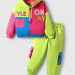 OLLINGTON ST. Ollington St. Cotton Knit Full Sleeves Printed Hoodie Sweatshirt & Knit Joggers Set - Multicolor & Lime