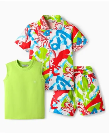 OLLINGTON ST. Ollington St. Cotton Printed Half Sleeves Shirt & Shorts Set With Inner Tee - Multicolor