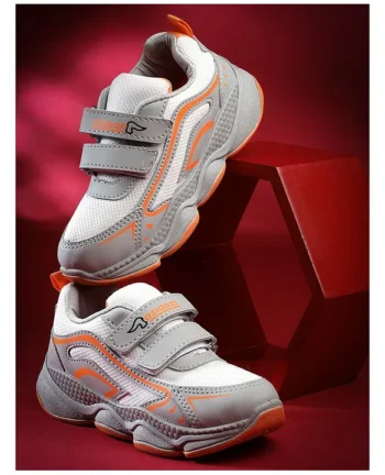 asian Mesh Detailed & Colour Blocked With Double Velcro Closure Shoes - Grey & Orange