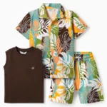 OLLINGTON ST. Sinker Knit Half Sleeves Tropical Theme Printed Co-ords Shirt & Shorts With Inner Tee - Multicolour