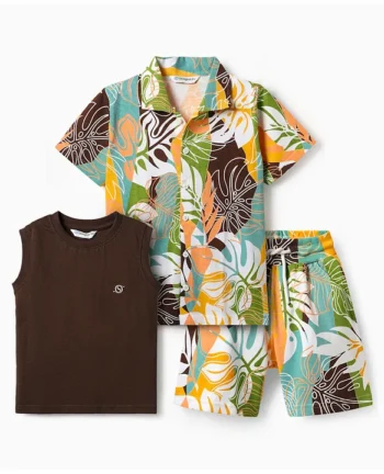 OLLINGTON ST. Sinker Knit Half Sleeves Tropical Theme Printed Co-ords Shirt & Shorts With Inner Tee - Multicolour