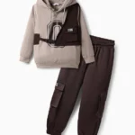 OLLINGTON ST. Textured Knit Full Sleeves Hooded Sweatshirt & Joggers Set with Print - Beige & Brown