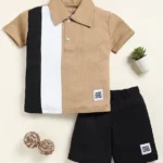 Little Marine Cotton Half Sleeves Colour Blocked Polo Tee & Shorts Set - Grey & Black