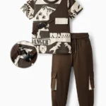 OLLINGTON ST. Ollington St. Cotton Half Sleeves Dino Printed T-Shirt & Knit Joggers - White & Brown