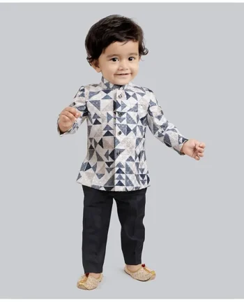 little desi Jute Cotton Full Sleeves Geometric Printed Jodhpuri Coat & Pant Set - Navy Blue